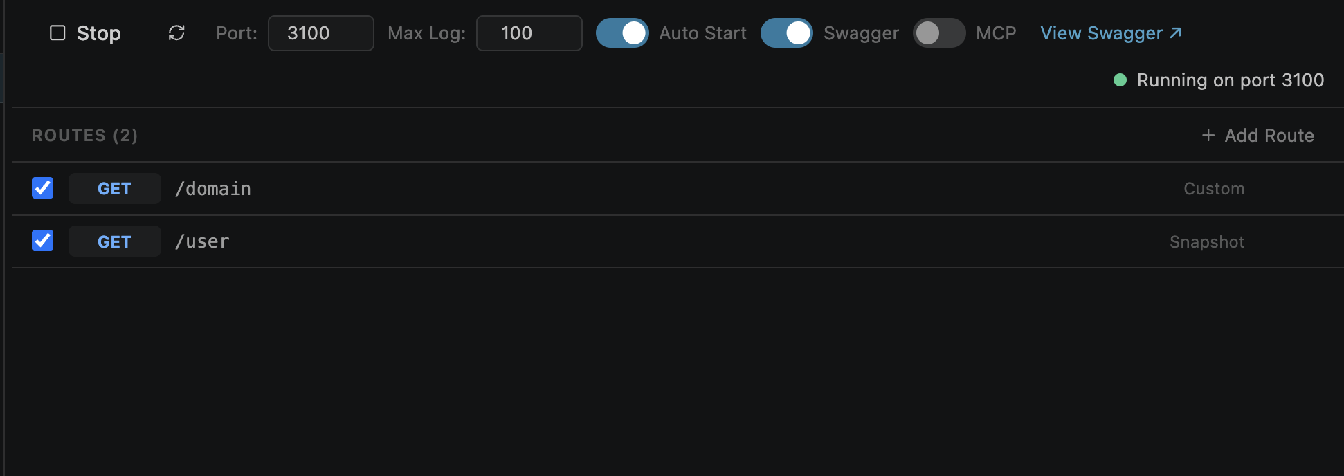 Running mock server with green indicator and Swagger enabled
